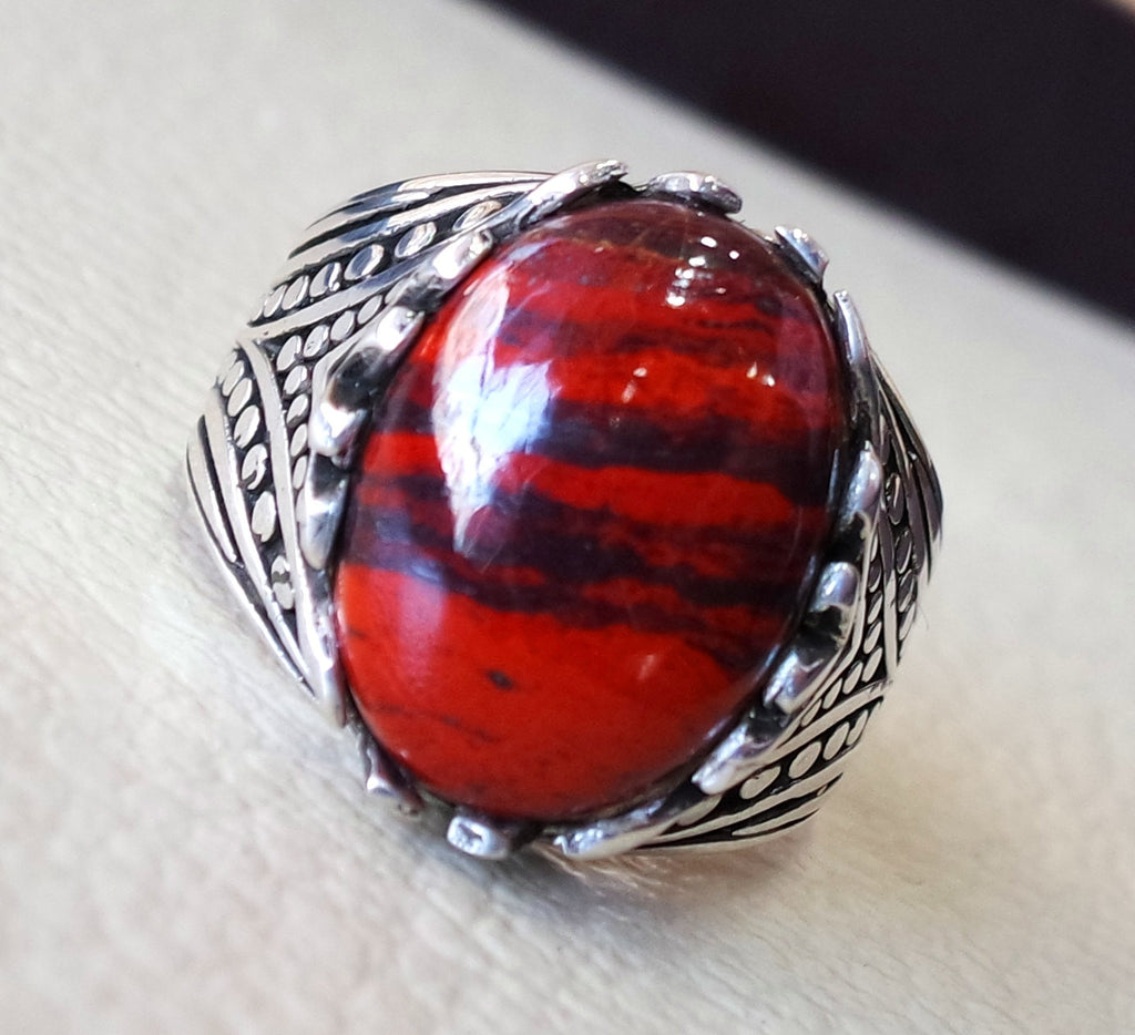 Schlangenhaut Jasper Stone Natural gem Sterling Silber 925 Ring rot und schwarz Oval Semi Precious Cabochon Mann Ring Türkei Schmuck Schnellversand