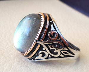 Labradorite natural stone green grey semi precious stone heavy man ring sterling silver 925 bronze frame any sizes jewelry fast shipping