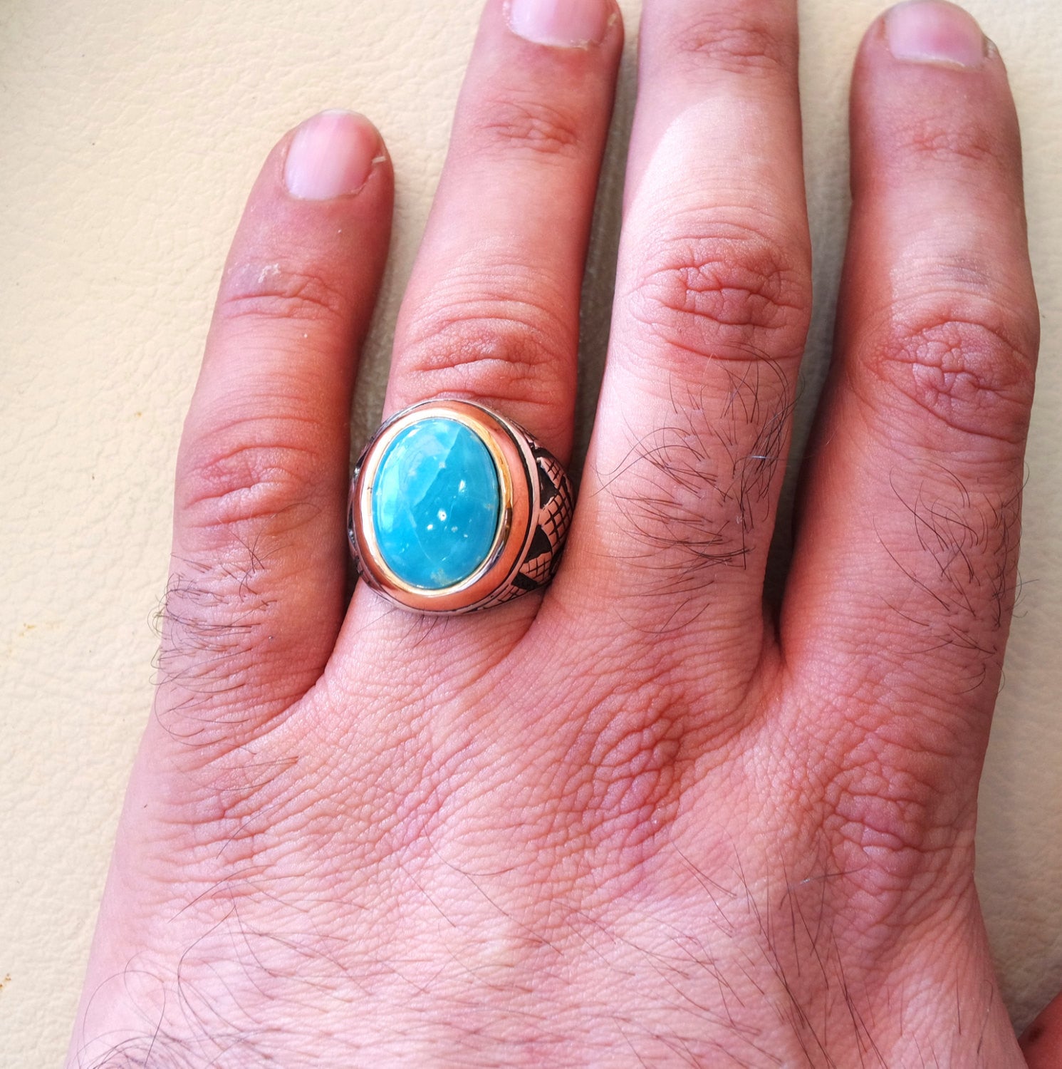 smithsonite natural sky blue stone ring sterling silver 925 men jewelry all sizes semi precious gem highest quality middle eastern style