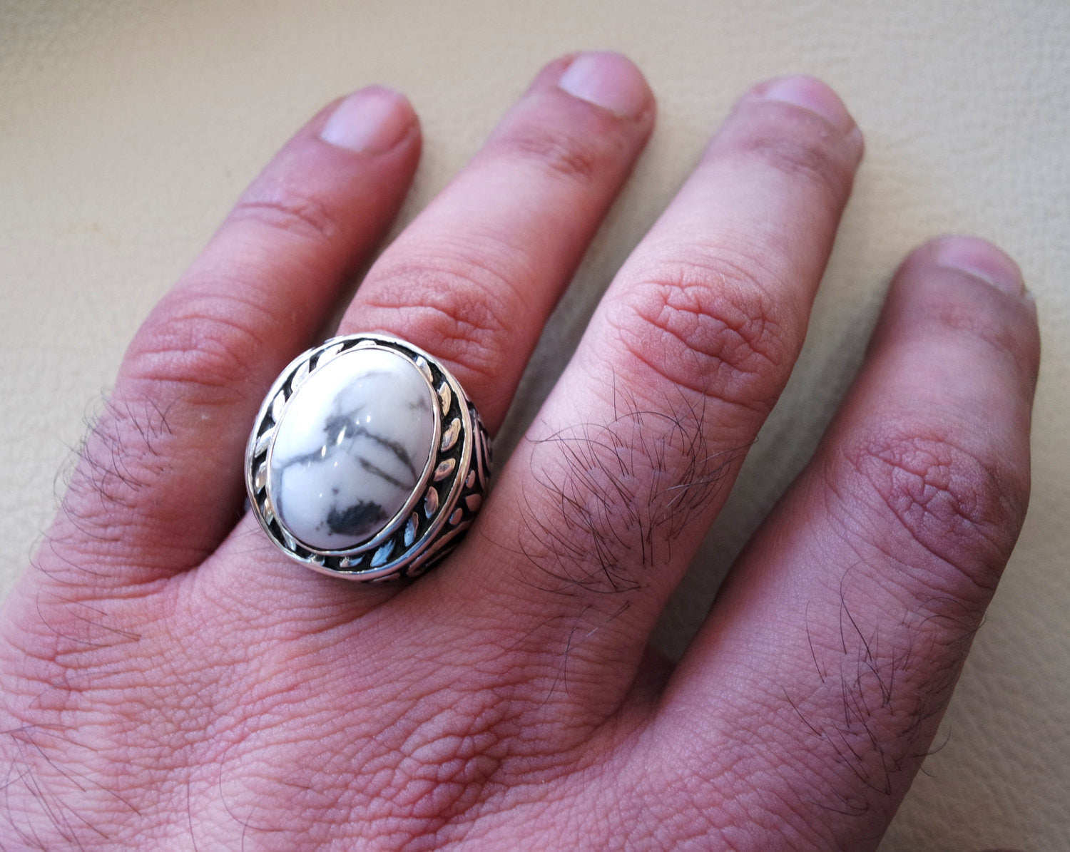 white turquoise howalite  natural agate oval cabochon stone big men ring sterling silver 925 all sizes antique ottoman jewelry fast shipping