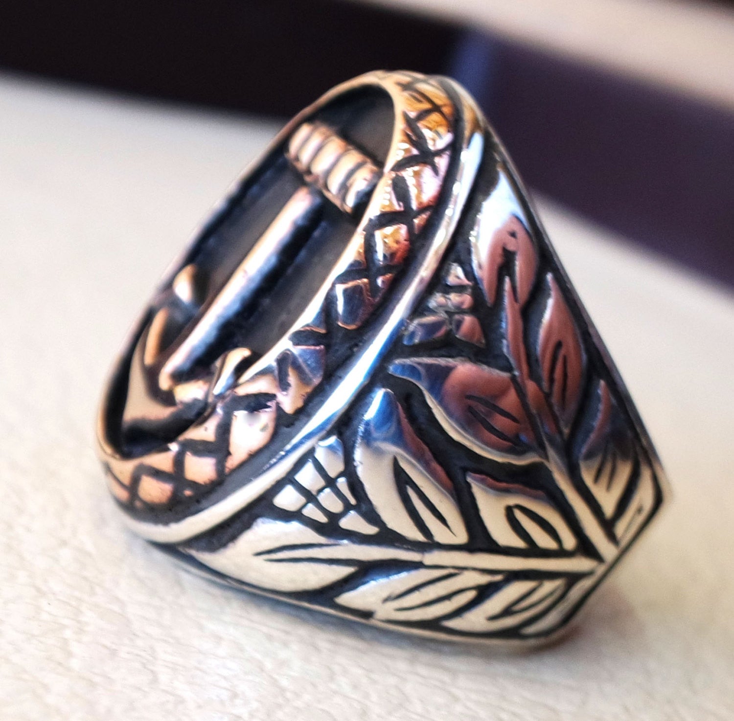 Big anchor sailor biker men ring heavy sterling silver 925 sea symbol flowers and bronze handmade all sizes jewelry fast shipping