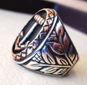 Big anchor sailor biker men ring heavy sterling silver 925 sea symbol flowers and bronze handmade all sizes jewelry fast shipping