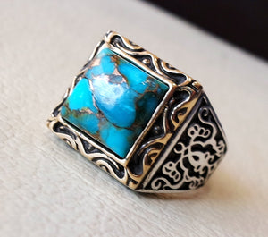 square natural copper turquoise high quality blue stone heavy sterling silver 925 man ring bronze frame any size ottoman style jewelry