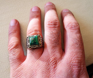 square natural malachite high quality green stone heavy sterling silver 925 man ring bronze frame any size ottoman style jewelry