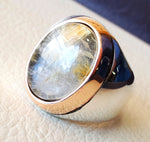 Golden rutile quartz natural stone semi precious oval cabochon sterling silver 925 huge man ring ottoman turkey style any size bronze frame