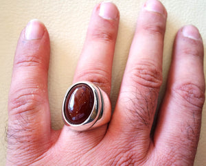 aqeeq natural liver agate carnelian semi precious stone oval red gem heavy man ring sterling silver arabic middle eastern turkey style