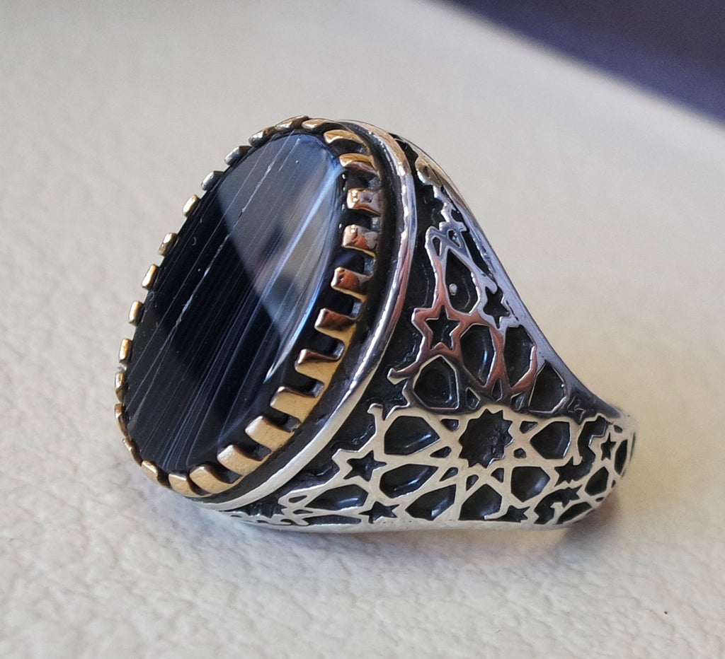 striped natural onyx agate black flat stone sterling silver 925 men ring arabic turkish ottoman style all sizes jewelry with bronze frame