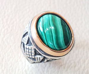 malachite natural green stone sterling silver 925 man ring jewelry bronze frame eastern turkish arabic style oval semi precious cabochon