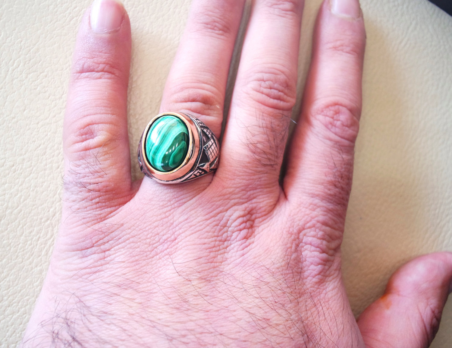malachite natural green stone sterling silver 925 man ring jewelry bronze frame eastern turkish arabic style oval semi precious cabochon