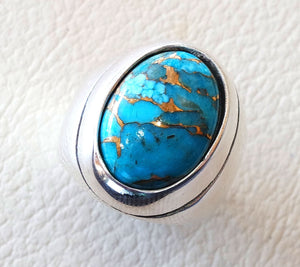 copper turquoise natural stone men heavy sterling silver 925 ring oval cabochon semi precious gem ottoman arabic style all sizes jewelry