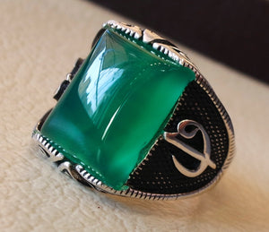 ottoman green onyx agate aqeeq sterling silver 925 antique men ring arabic waw vav jewelry any size free shipping natural  rectangular stone