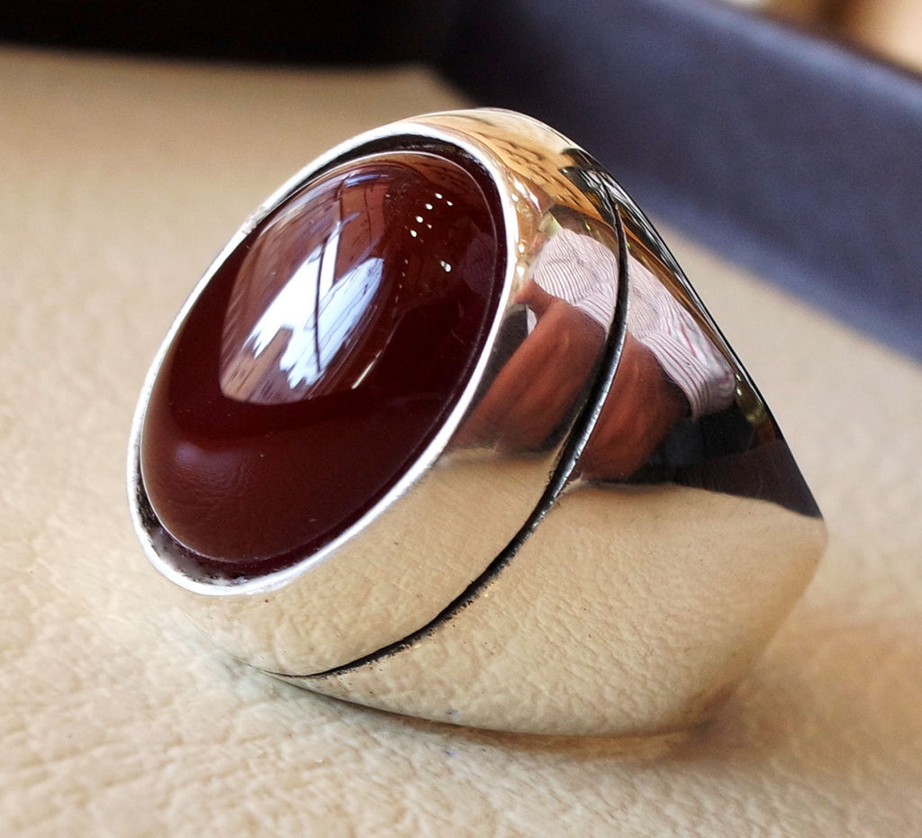 aqeeq natural liver agate carnelian semi precious stone oval red gem heavy man ring sterling silver arabic middle eastern turkey style