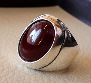 aqeeq natural liver agate carnelian semi precious stone oval red gem heavy man ring sterling silver arabic middle eastern turkey style