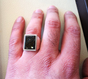 Rectangular silver onyx black aqeeq flat natural semi precious agate gemstone men ring sterling silver 925 jewelry all sizes fast shipping