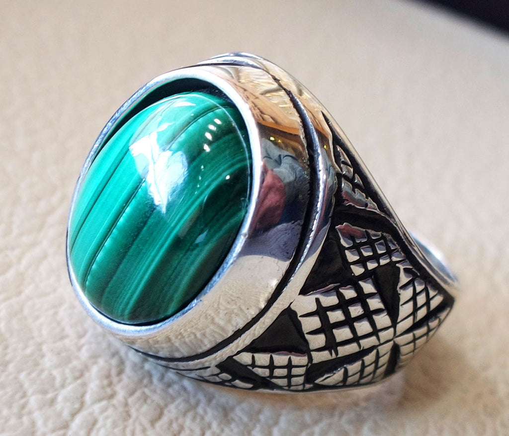 Malachit Natural Green Stone Sterling Silber 925 Mann Ring Jewelry Eastern Türkisch Arabisch Stil Oval Semi Precious Cabochon gestreiften Edelstein