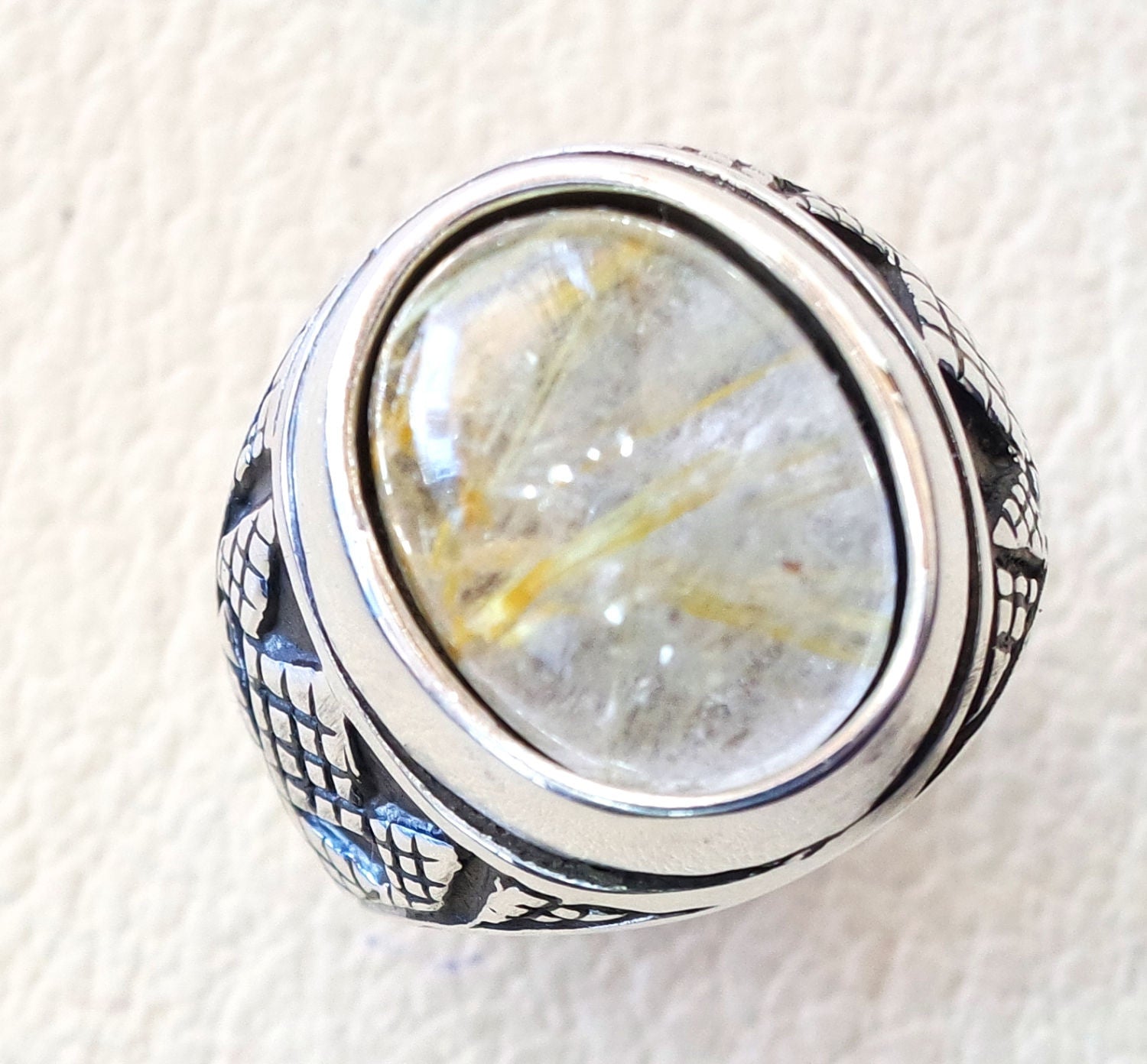 Rutil Quarz Naturstein semi preciousoval Cabochon Sterling Silber 925 Mann Ring Ottoman Türkei Middle Eastern Antique Style jede Größe