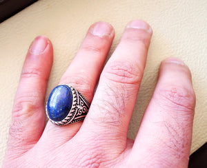 man ring lapis lazuli oval cabochon natural dark blue stone  sterling silver 925 men jewelry all sizes 18 * 13 mm antique middle eastern