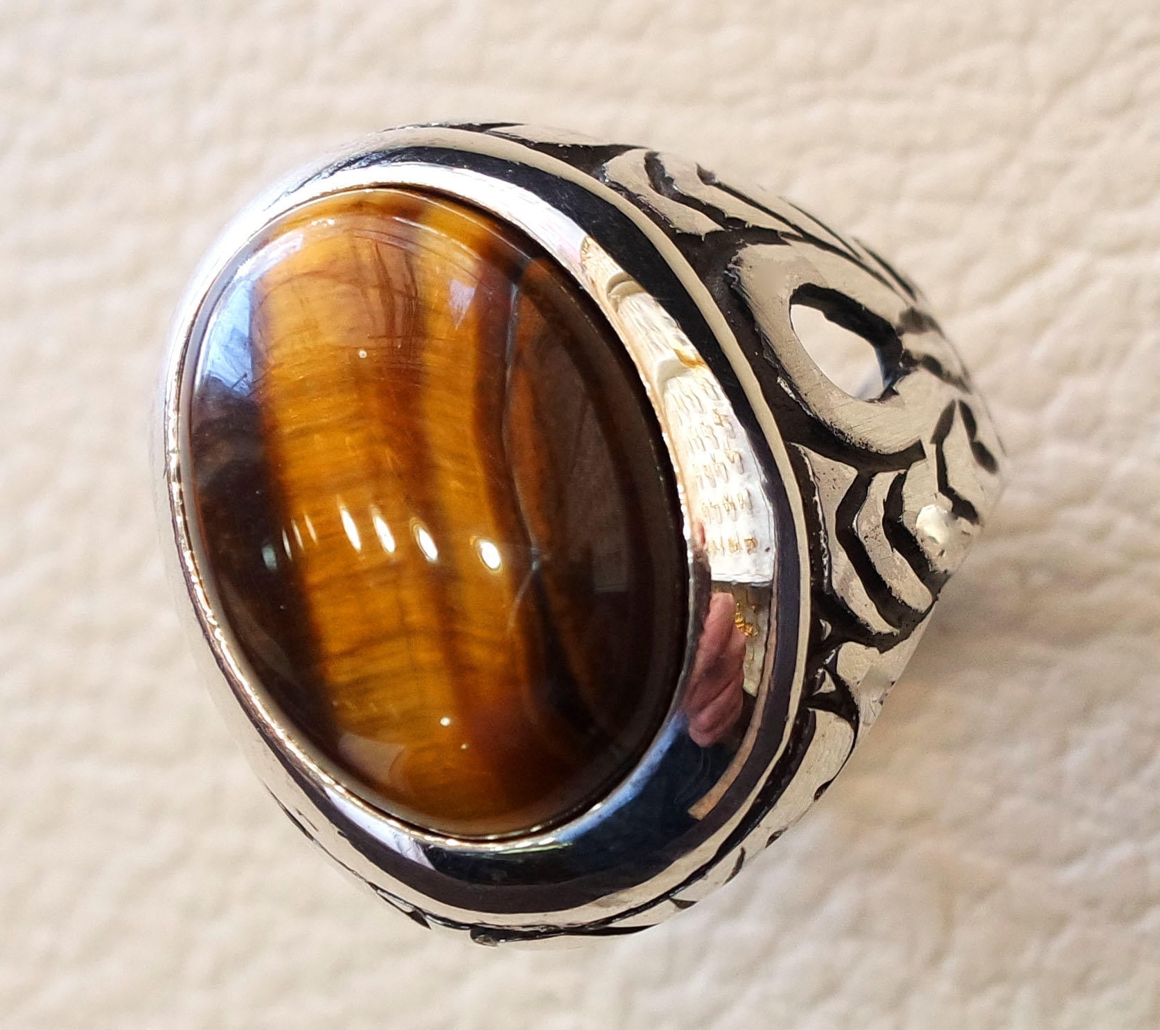 heavy men ring tiger eye cat eye natural cabochon semi precious oval stone ottoman antique  arabic style two tone sterling silver 925