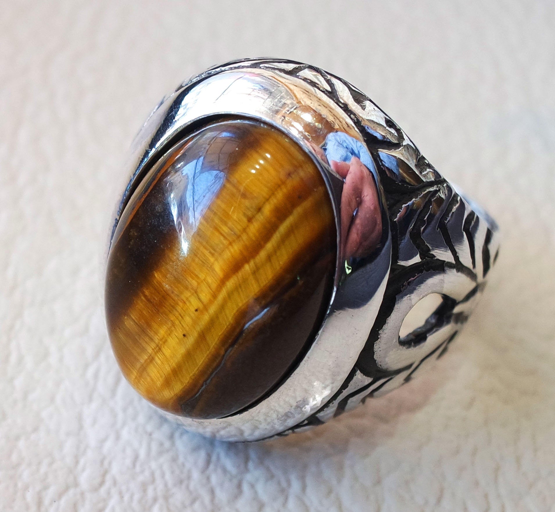 heavy men ring tiger eye cat eye natural cabochon semi precious oval stone ottoman antique  arabic style two tone sterling silver 925