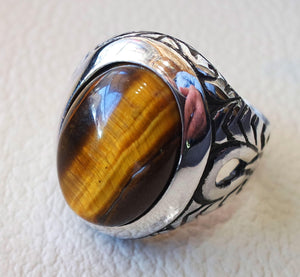 heavy men ring tiger eye cat eye natural cabochon semi precious oval stone ottoman antique  arabic style two tone sterling silver 925