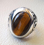 heavy men ring tiger eye cat eye natural cabochon semi precious oval stone ottoman antique  arabic style two tone sterling silver 925