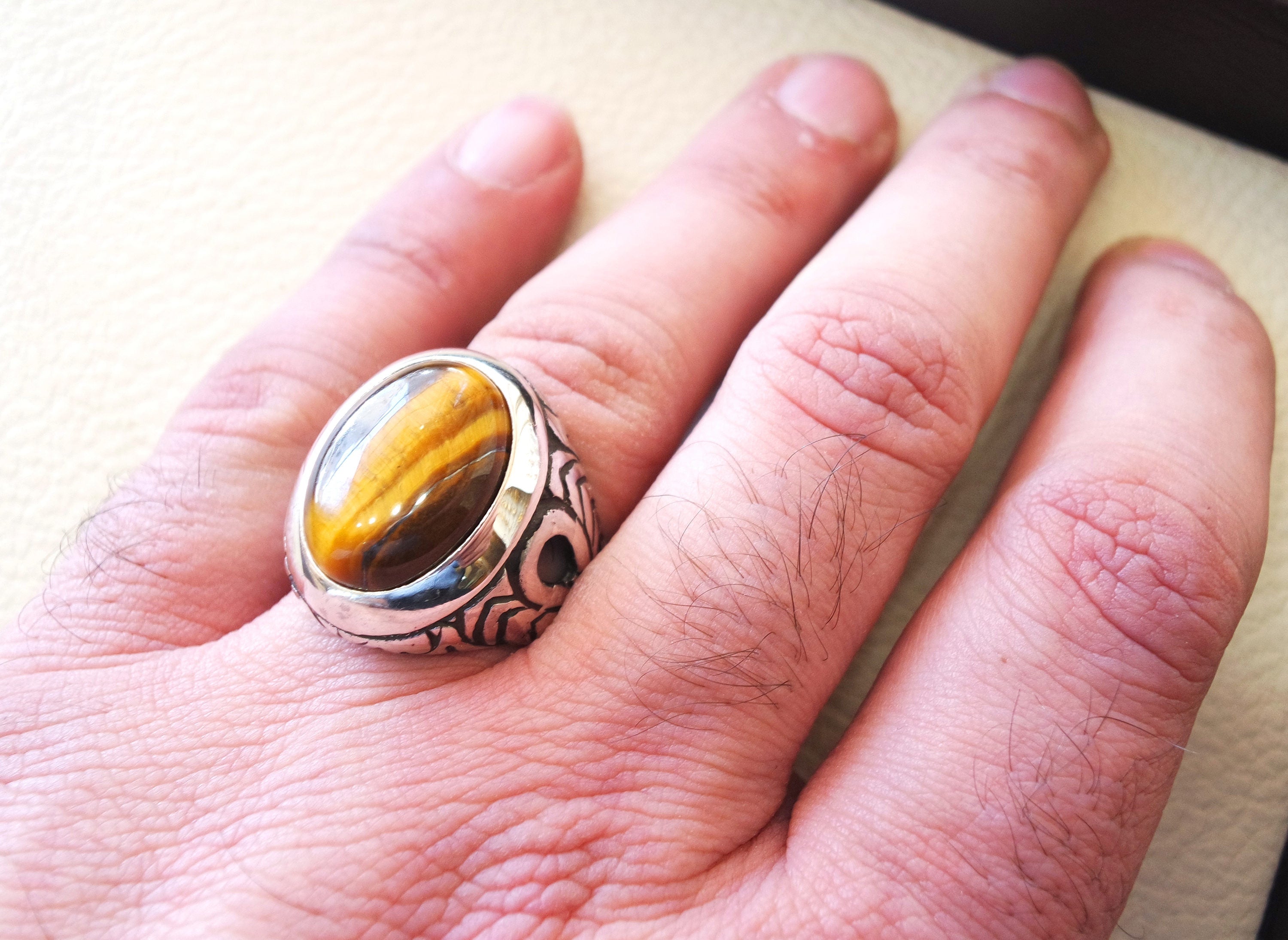 heavy men ring tiger eye cat eye natural cabochon semi precious oval stone ottoman antique  arabic style two tone sterling silver 925