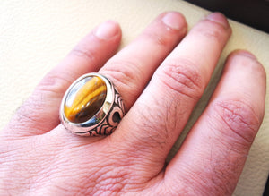 heavy men ring tiger eye cat eye natural cabochon semi precious oval stone ottoman antique  arabic style two tone sterling silver 925