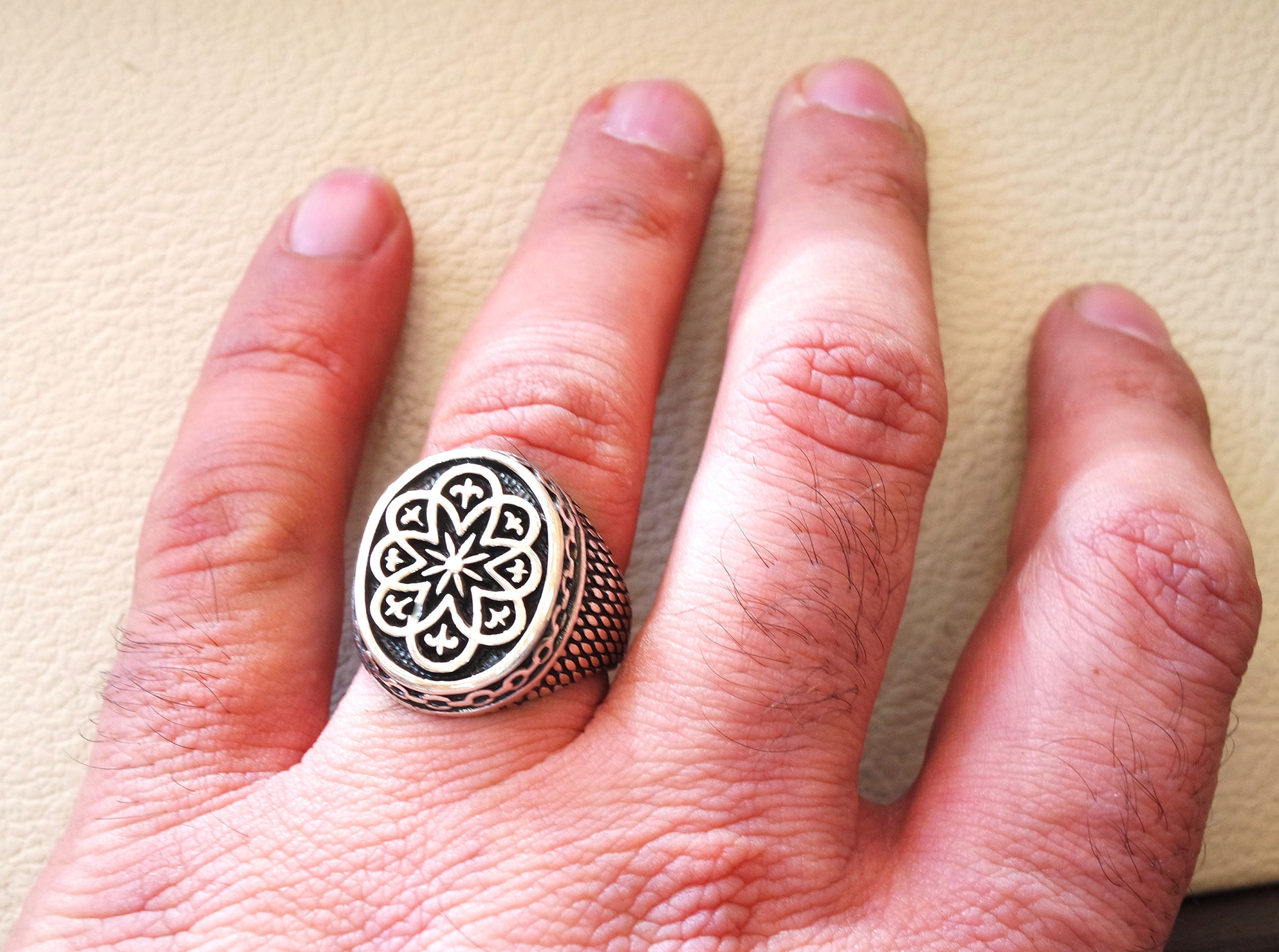 man ring mystic luck celtic talisman luck  sterling silver 925  sun flower shape any size antique style high quality jewelry