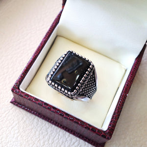 Schwarz Aqeeq Ring rechteckig Silber Onyx flach natürliche Semi Precious Achat Edelstein Herren Sterling Silber 925 Schmuck alle Größen Schnellversand