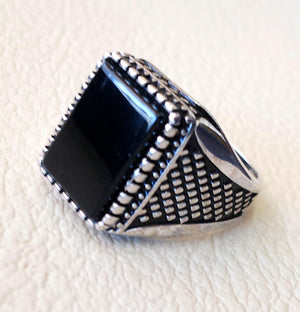 Schwarz Aqeeq Ring rechteckig Silber Onyx flach natürliche Semi Precious Achat Edelstein Herren Sterling Silber 925 Schmuck alle Größen Schnellversand