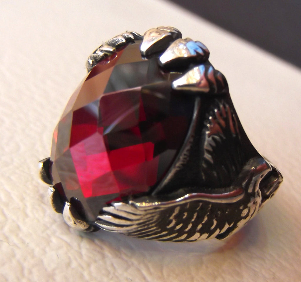 eagle man ring sterling silver 925 oval ruby imitation red faceted crystal stone all sizes jewelry gem