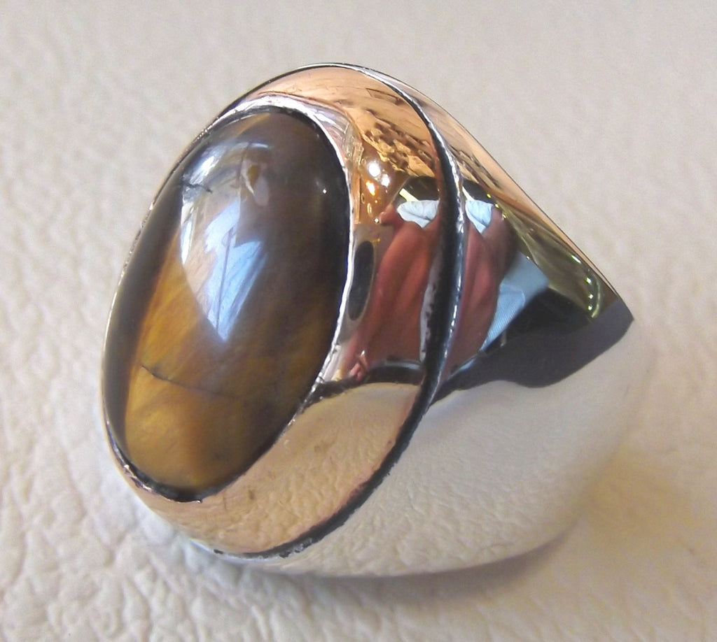 Tiger Eye Big Oval Cabochon zweifarbig Männer Ring Sterling Silber 925 Bronze Rahmen Cat Eye semi kostbare Naturstein alle Größen Schmuck