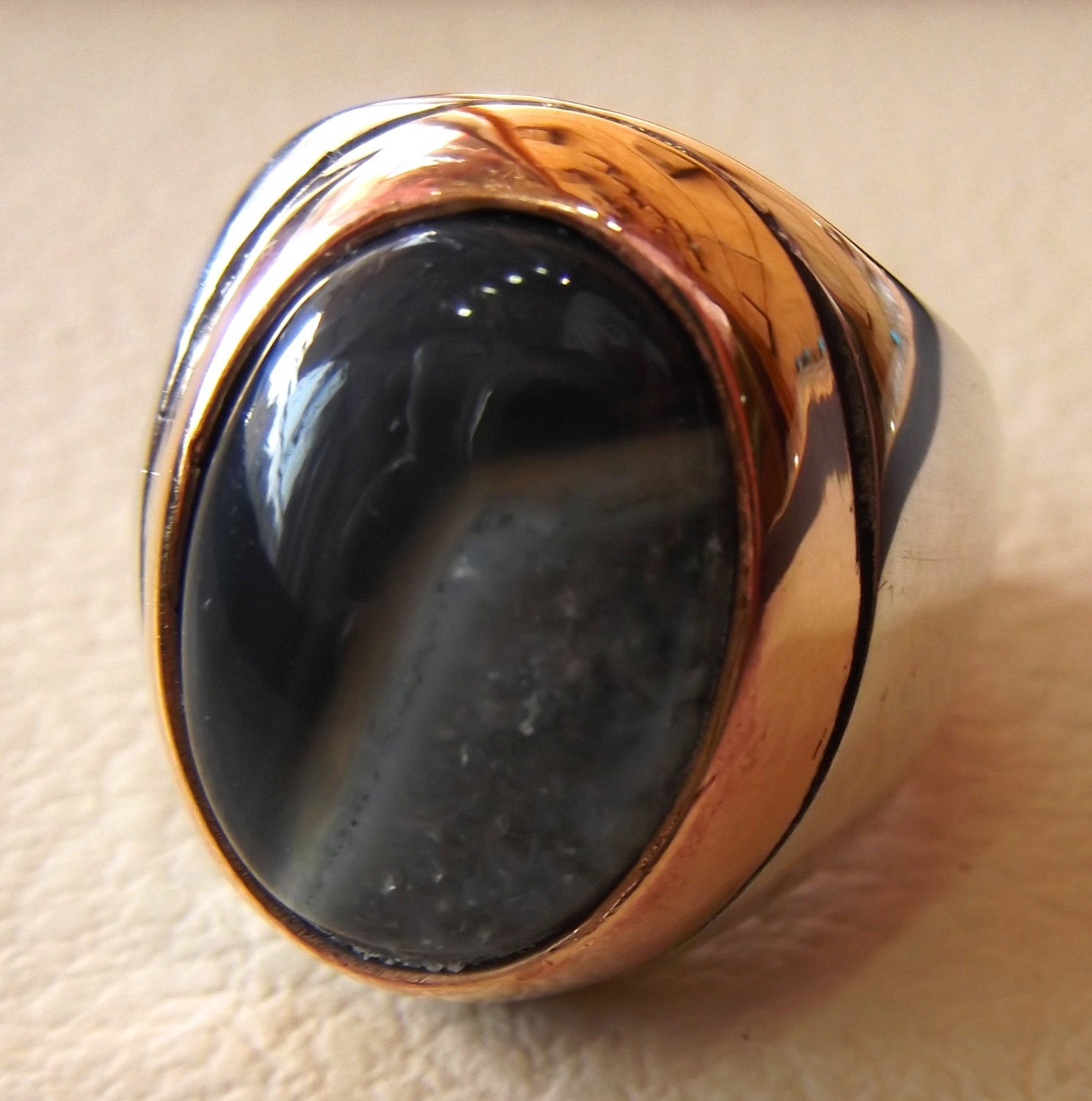 Botswana agate natural cabochon stone silver man ring semi precious gem aqeeq all sizes jewelry bronze frame heavy ottoman turkish arabic