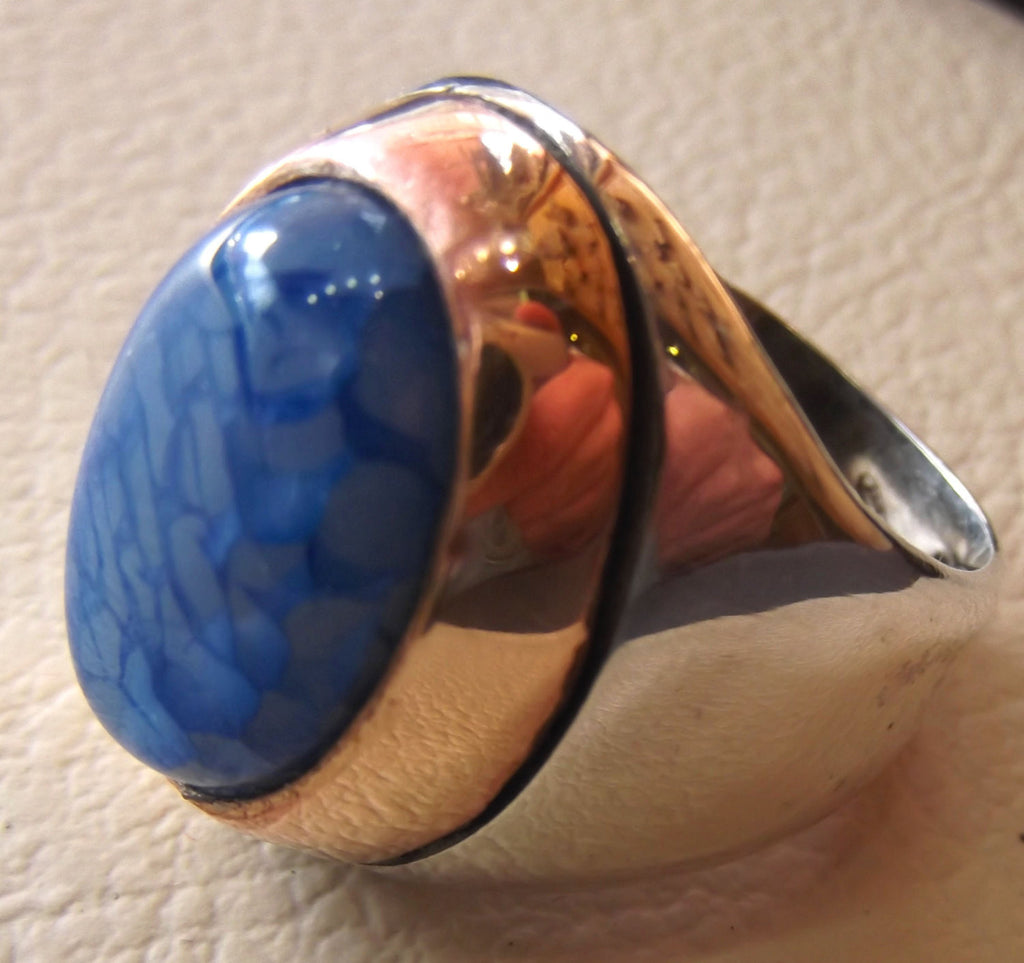 Drachen Vene blau Achatstein Männer Ring Sterling Silber 925 Oval Cabochon Bronze Rahmen alle Größen zwei Ton schweren einzigartigen Schmuck