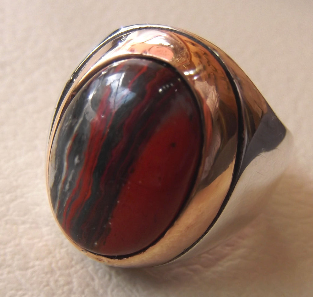 snake skin jasper stone natural gem sterling silver 925 ring red and black oval semi precious cabochon man ring jewelry with bronze frame