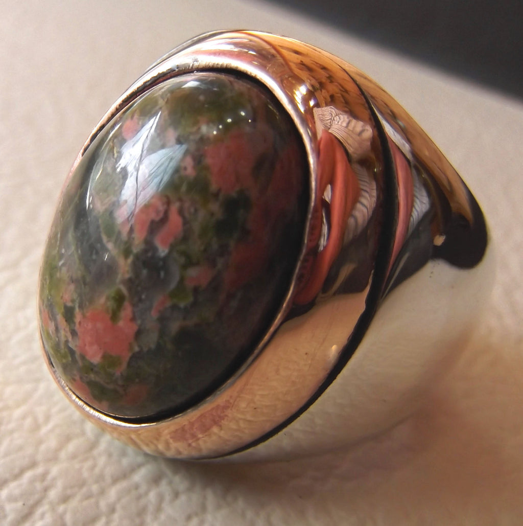unakaite natural cabochon men huge ring sterling silver 925 with bronze frame semi precious oval green rose unakite gem jewelry all sizes