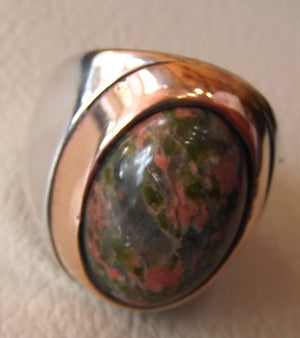 unakaite natural cabochon men huge ring sterling silver 925 with bronze frame semi precious oval green rose unakite gem jewelry all sizes