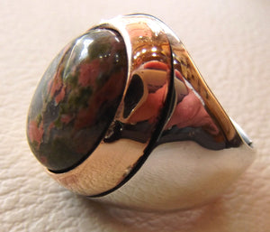 unakaite natural cabochon men huge ring sterling silver 925 with bronze frame semi precious oval green rose unakite gem jewelry all sizes