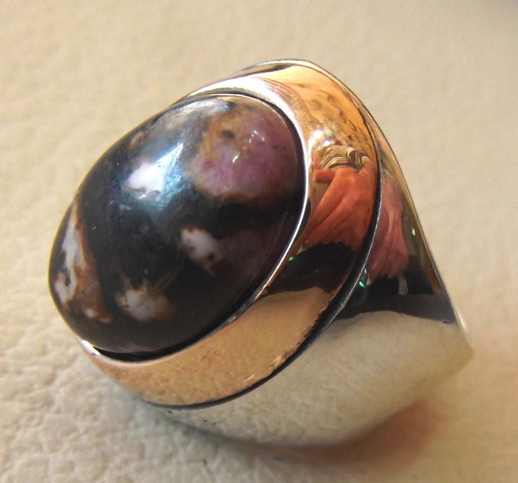 huge men ring rhodonite jasper oval sterling silver 925 natural stone semi precious pink and black gem in bronze frame two tone jewelry