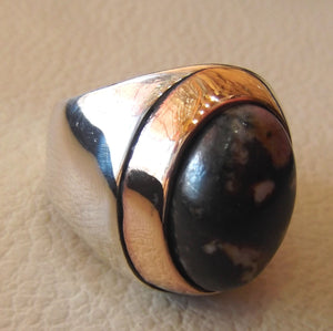 huge men ring rhodonite jasper oval sterling silver 925 natural stone semi precious pink and black gem in bronze frame two tone jewelry