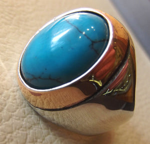 turquoise heavy sterling silver men ring blue oval arab ottoman middle eastern jewelry cabochon stone all sizes bronze frame