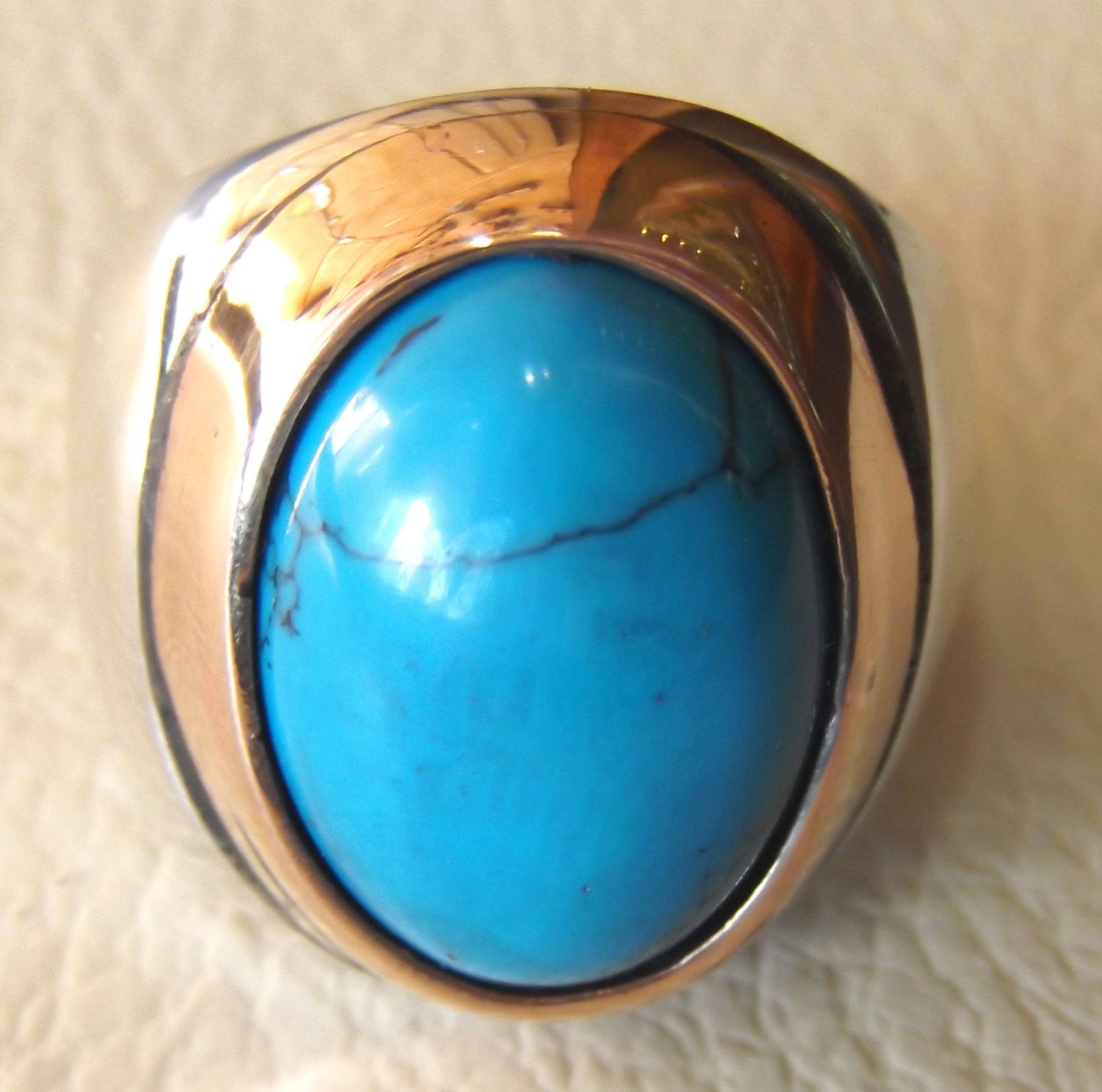 turquoise heavy sterling silver men ring blue oval arab ottoman middle eastern jewelry cabochon stone all sizes bronze frame