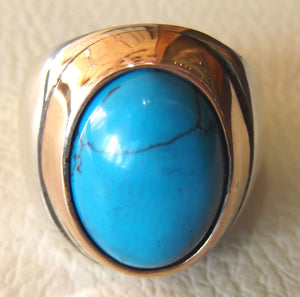 turquoise heavy sterling silver men ring blue oval arab ottoman middle eastern jewelry cabochon stone all sizes bronze frame