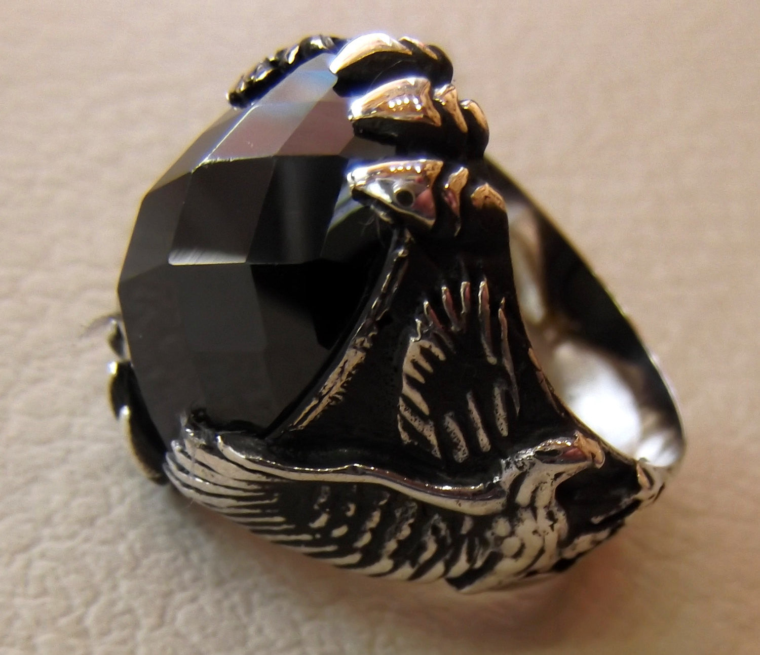 Onyx Eagle Ring schwarz Achat Edelstein Natur Oval Stein Sterling Silber 925 Männer Tier Schmuck jede Größe kostenloser Versand oxidiert antiken Stil