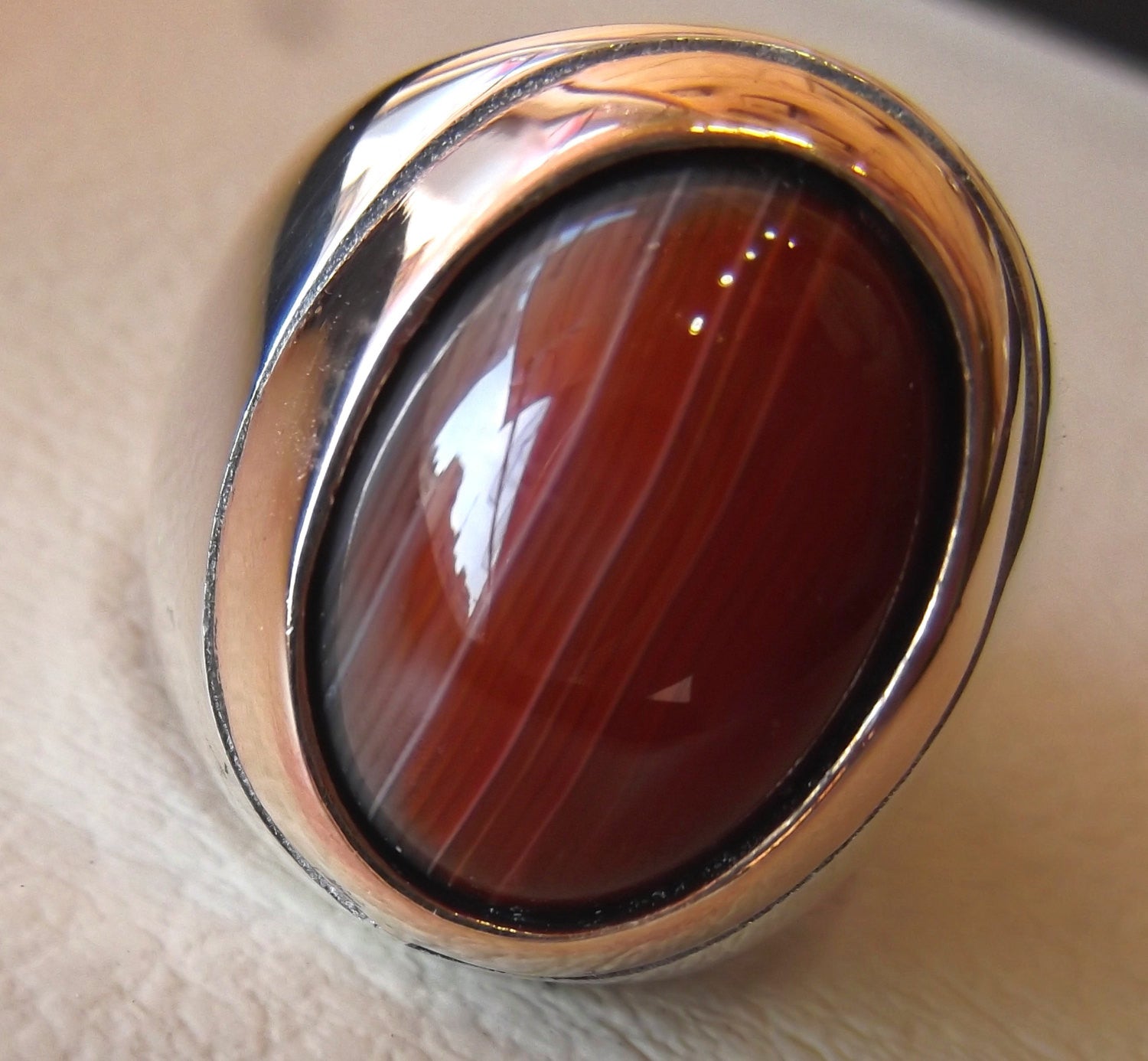 Achat Karneol Natural Red Jemen Aqeeq Sterling Silver man Heavy Ring 925 Arabisch Bronze Rahmen gestreiften Cabochon alle Größen Schnellversand