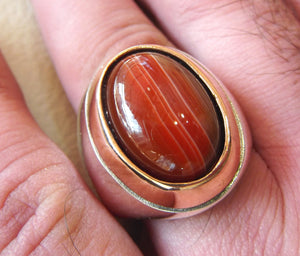 Achat Karneol Natural Red Jemen Aqeeq Sterling Silver man Heavy Ring 925 Arabisch Bronze Rahmen gestreiften Cabochon alle Größen Schnellversand