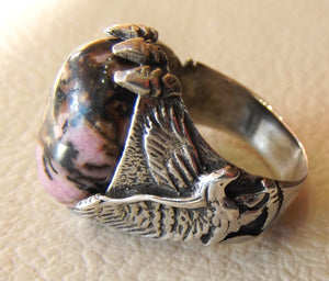 eagle men ring rhodonite jasper oval sterling silver 925 natural stone semi precious pink and black gem all sizes fast shipping jewelry