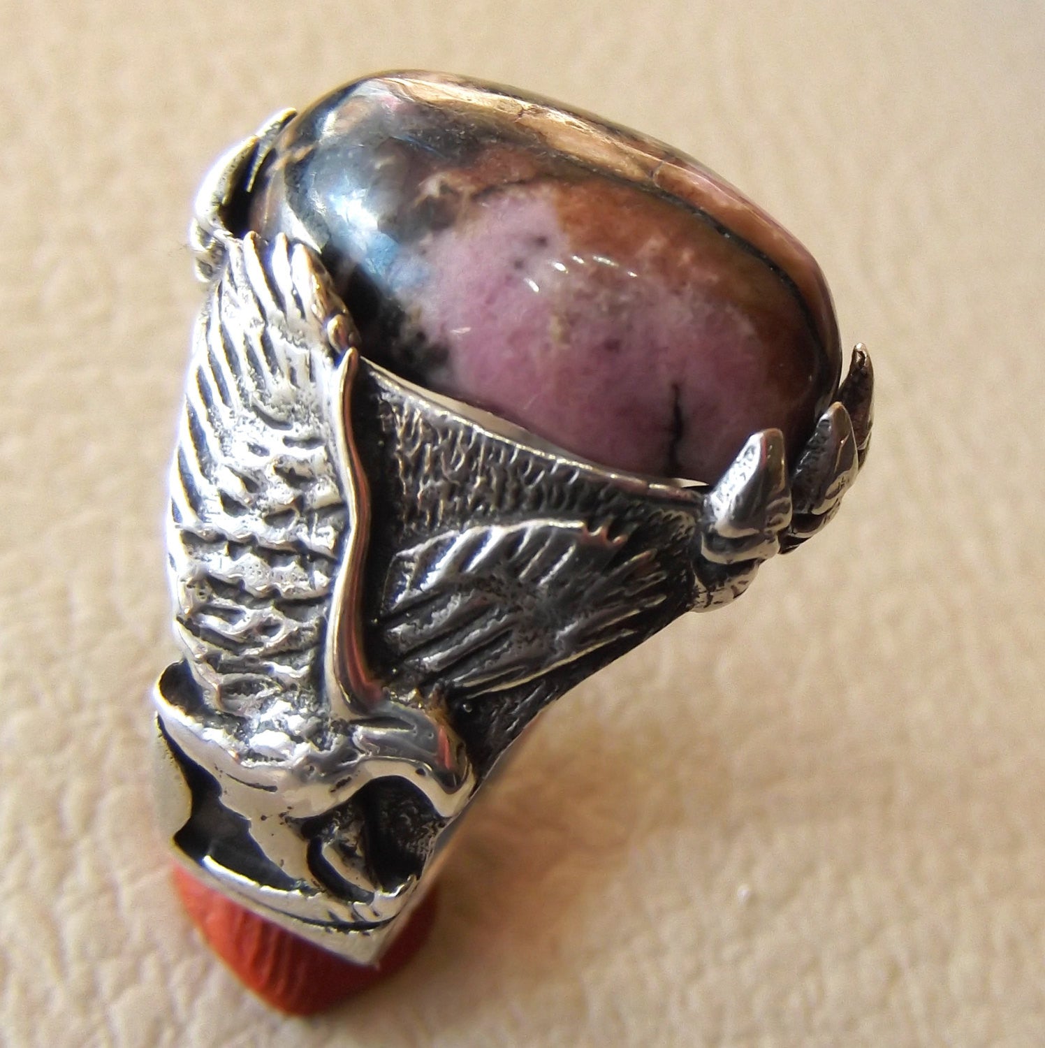 eagle men ring rhodonite jasper oval sterling silver 925 natural stone semi precious pink and black gem all sizes fast shipping jewelry