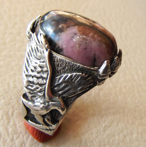 eagle men ring rhodonite jasper oval sterling silver 925 natural stone semi precious pink and black gem all sizes fast shipping jewelry