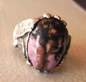 eagle men ring rhodonite jasper oval sterling silver 925 natural stone semi precious pink and black gem all sizes fast shipping jewelry